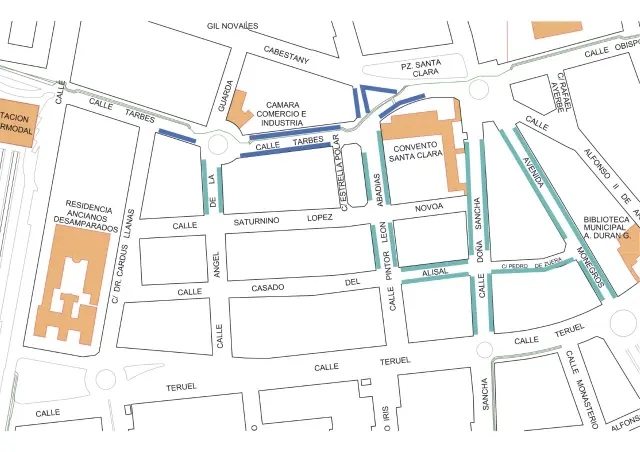 En azul claro aparecen las nuevas calles con aparcamiento de pago. La de azul oscuro corresponde a la calle Tarbes, donde se van a repintar las plazas pero que ya es de pago.