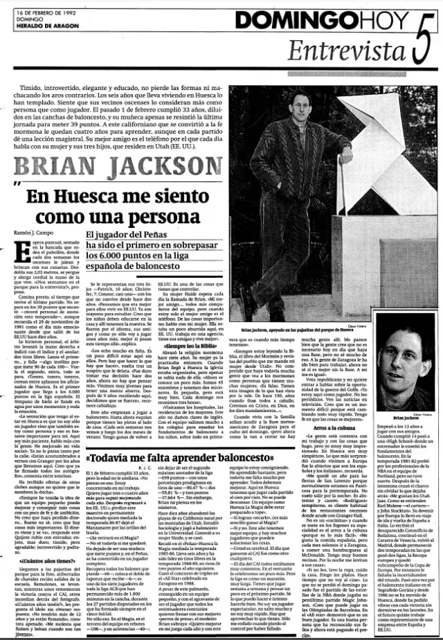 Entrevista a Brian Jackson publicada en HERALDO el 16 de febrero de 1992, tras superar los 6.000 puntos en la liga ACB.