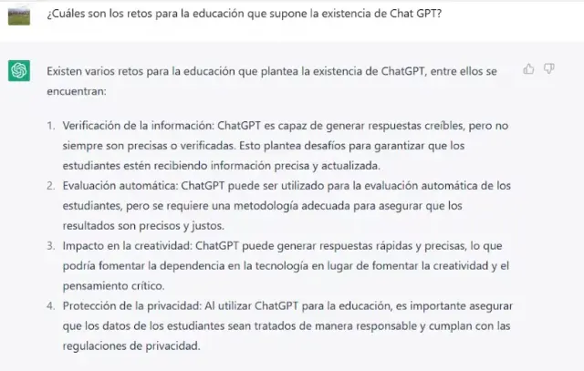 La inteligencia artificial de OpenAI respondió así a esta pregunta acerca de los retos que plantea a la educación la existencia de ChatGPT