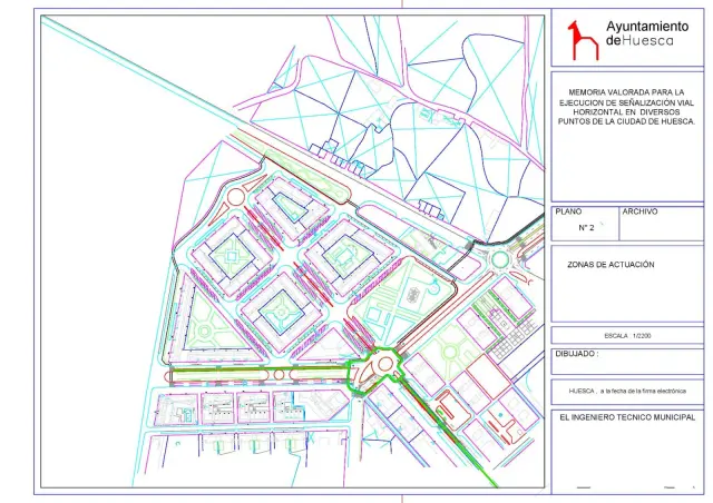 Plano de ubicación de los nuevos aparcamientos en el entorno de la avenida Pirineos de Huesca por el carril bici.