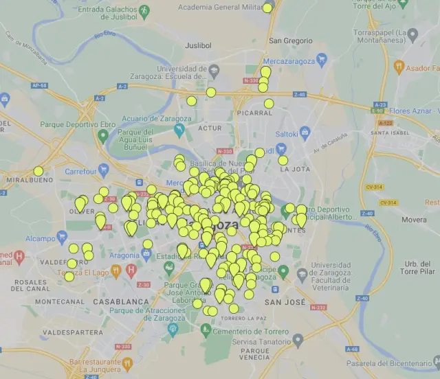 El mapa de viviendas de alquiler en Zaragoza en el portal Idealista.es.