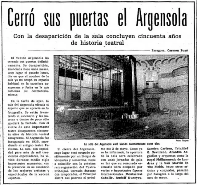HERALDO da la noticia del cierre definitivo del Teatro Argensola el 9 de abril de 1987