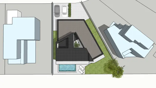 Una infografía de una vivienda unifamiliar con la distribución de casa patio.