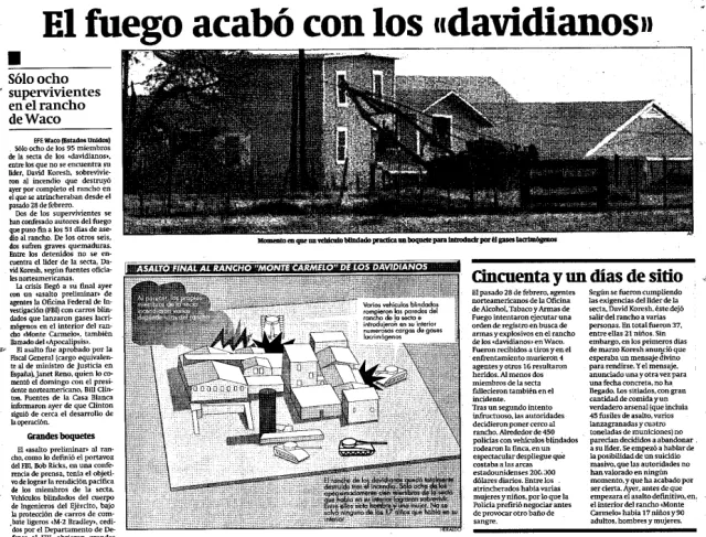 Noticia de la masacre de Waco publicada en HERALDO el 20 de abril de 1993