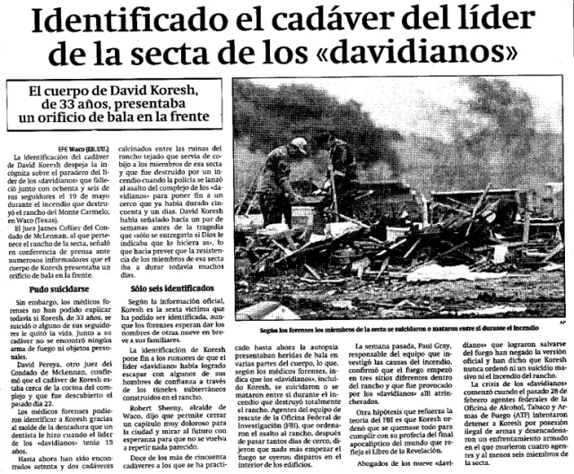 Noticia de la masacre de Waco publicada en HERALDO el 4 de mayo de 1993