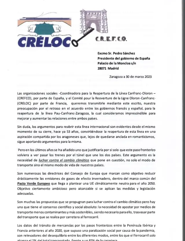 Carta enviada por Crefco y Creloc al presidente del Gobierno, Pedro Sánchez.