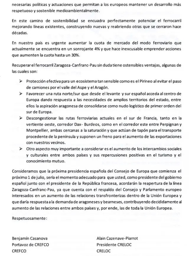 Carta enviada por Crefco y Creloc al presidente del Gobierno, Pedro Sánchez.