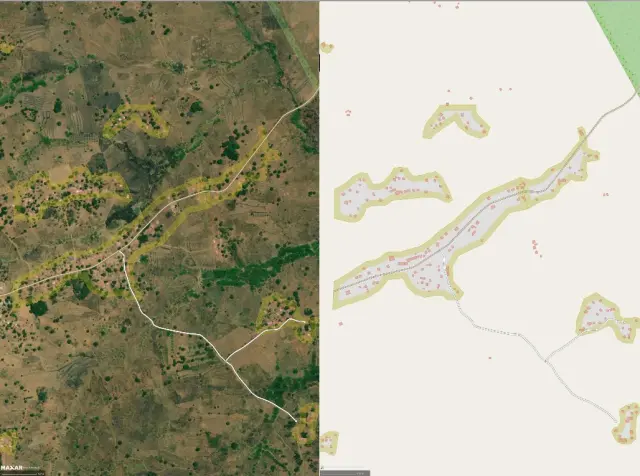 A vista de satélite, edificaciones ya etiquetadas y agrupadas por asentamientos en una pequeña zona de algo menos de 10 km de ancho. A la derecha, cartografía digitalizada: edificaciones y perímetro de los asentamientos.
