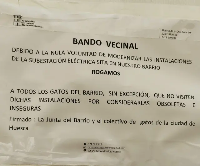 Irónico bando de la Asociación de Vecinos de María Auxiliadora de Huesca para pedir el traslado de la subestación.