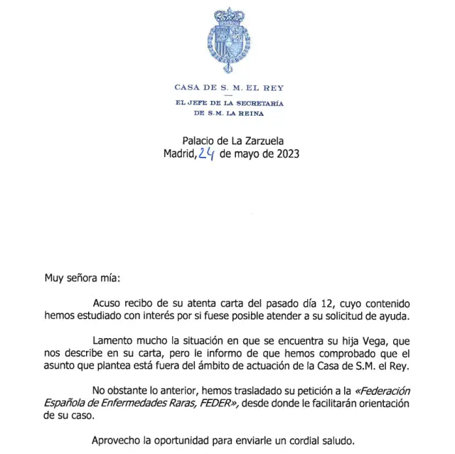 Carta de la Casa de S.M. el Rey que recibió Diana Cubero el pasado 24 de mayo.