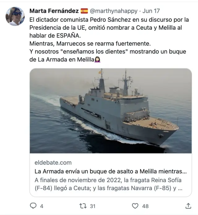 Publicación de Twitter de Marta Fernández.