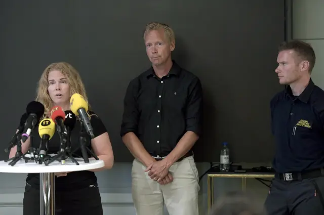 Stockholm (Sweden), 25/06/2023.- (L-R) Annika Troselius, Information Manager Parks and Resorts, Jan Eriksson, CEO of Grona Lund, and Johan Szymanski, rescue manager, attend a press conference at Hotel Hasselbacken following an accident in the Jetline roller coaster at the Grona Lund amusement park, in Stockholm, Sweden, 25 June 2023. One person has died and three others were seriously injured when a roller coaster derailed in Stockholm on 25 June. The police are investigating the accident. The park will be closed for the next seven days. (Suecia, Estocolmo) EFE/EPA/MAJA SUSLIN SWEDEN OUT
