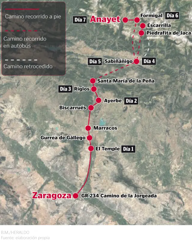 Ruta del viaje de Sergio Tapia desde Zaragoza hasta el pico Anayet.