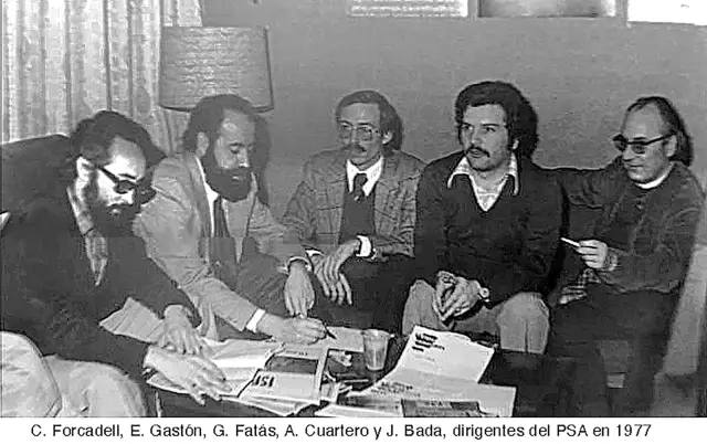 De izquierda a derecha, Carlos Forcadell, Emilio Gastón, Guillermo Fatás, Andrés Cuartero y José Bada, dirigentes del PSA en 1977.