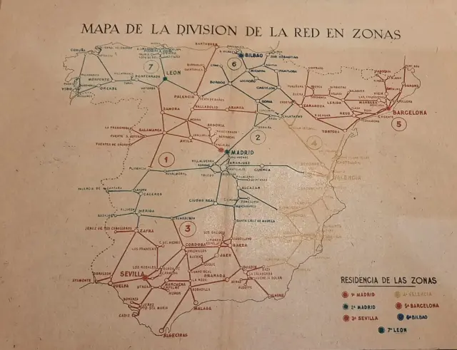 Mapa de Renfe de la división de la red en zonas, de 1948.