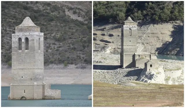 La torre de la iglesia sumergida de Mediano es cada vez más visible debido a la sequía.