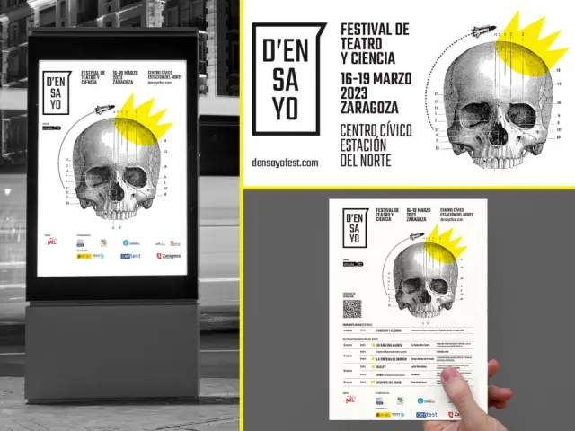 Imagen de la edición 2023 del festival D'Ensayo, crada por la agencia zaragozana Virtual&Civán, Medalla Brandor a la mejor presencia de marca en publicidad exterior y eventos.