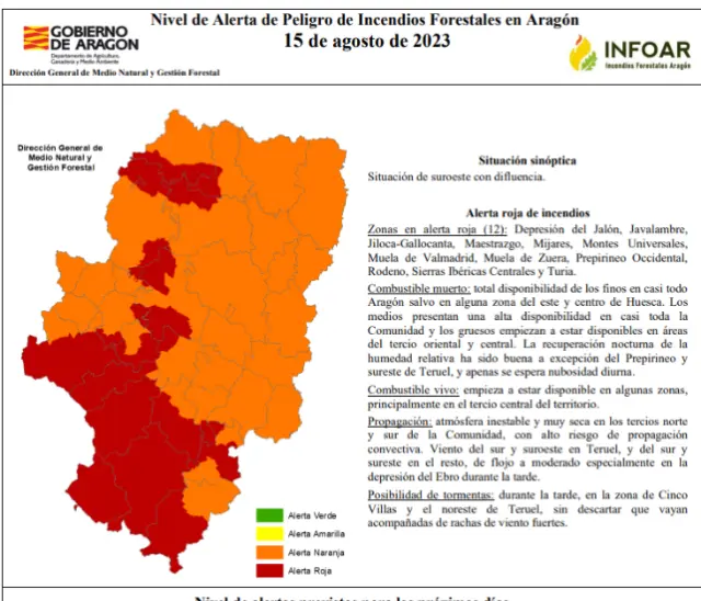 Zonas en alerta roja por riesgo de incendios en Aragón el 15 de agosto de 2023.