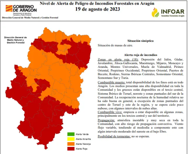 Mapa de Aragón con las zonas en alerta roja y naranja por peligro de incendios para el 19 de agosto.