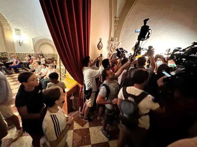 Media are seen inside a church in Motril where the mother of Royal Spanish Football Federation President Luis Rubiales, Angeles Bejar is on hunger strike for the second day over treatment to her son. August 29, 2023. REUTERS/Mariano Valldolid