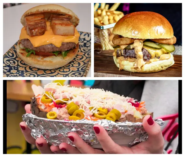 Arriba, hamburguesa doble V de Birolla (izquierda) y el modelo 'chochona' de Mai Tai; debajo, una de las patatas rellenas de Bocadicos