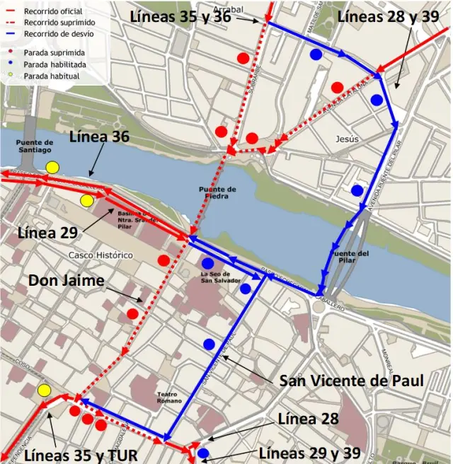 Mapa de líneas de bus desviadas el viernes 22 de septiembre