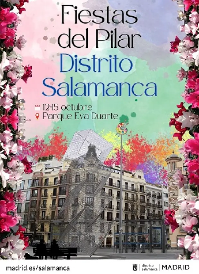 Cartel de las Fiestas del Pilar de 2023 en el barrio de Salamanca, en Madrid.