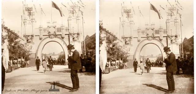 Puerta efímera levantada en el paseo de la Independencia por el Ayuntamiento de Zaragoza para recibir a Alfonso XIII en su visita de octubre de 1903. Su autor: Ricardo Magdalena