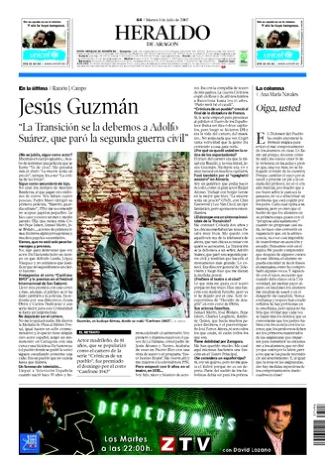 Recorte de Heraldo de Aragón con la entrevista del actor Jesús Guzmán en 2007.