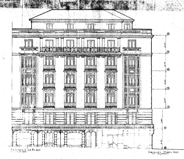 Diseño de hace 100 años del edificio de la plaza de España, 1, con el Coso.