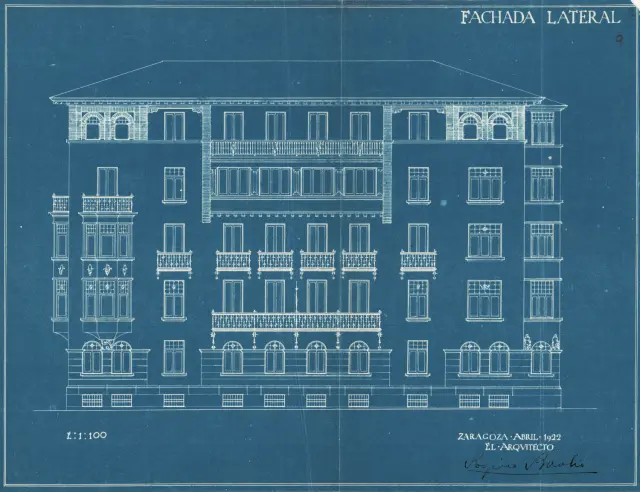 Plano de la fachada lateral del edificio de paseo de Sagasta, 11.