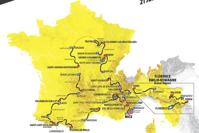 This photo provided by the Tour de France organizer ASO (Amaury Sport Organisation) shows the roadmap of the men's 2024 Tour de France cycling race. The race will start in Florence, Italy, on June 29, 2024, to end in Nice, southern France on July 21, 2024. (ASO via AP)