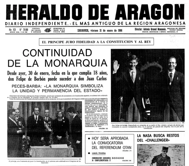 Portada del Heraldo de Aragón el 31 de enero de 1986, con la jura de Constitución del principe Felipe.