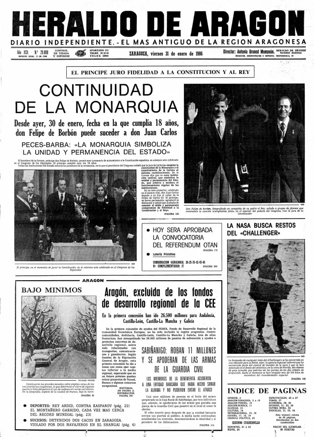 Portada de Heraldo de Aragón del día 31 de enero de 1986 por la jura de la Constitución del príncipe Felipe