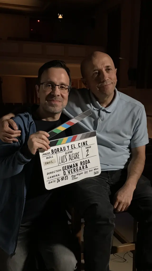 Germán Roda con Luis Alegre, durante la grabación en la Filmoteca de Zaragoza.