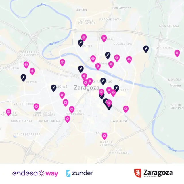 Mapa con los puntos de recarga para vehículos eléctricos que se irán activando en Zaragoza.