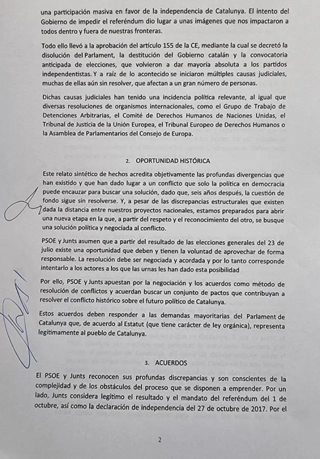 Documento suscrito por PSOE  y Junts.