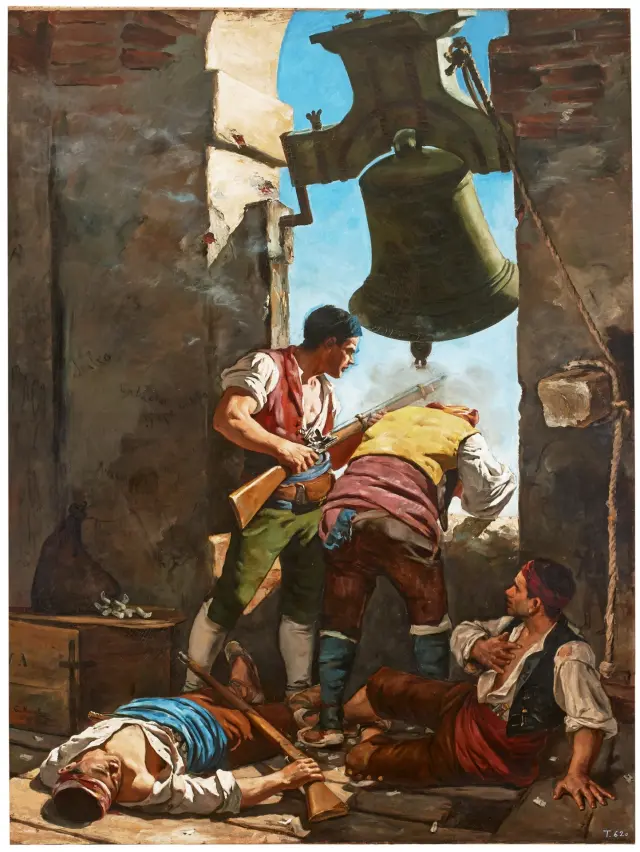 Heroica defensa de la torre de San Agustín en Zaragoza en la Guerra de la Independencia. Cuadro de César Álvarez Dumont, de 1884.