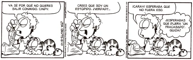 La primera tira cómica que se publicó en Heraldo de Garfield (30 de noviembre de 2001).