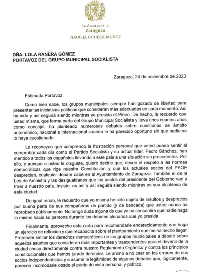 Carta de Natalia Chueca a Lola Ranera
