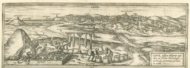 Salado del atún en Conil (Cádiz) hacia 1565, con la ciudad al fondo, dibujado por Joris Hoefnagel y grabado en calcografía por Frans Hogenberg, tomo 2 de ‘Civitates Orbis Terrarum’ (Braun y Hogenberg, 1575). Uno de los pocos grabados antiguos en los que se explica una industria entera: una vez eviscerado el atún obtenido de las almadrabas, se trocea junto a un gran montón de sal aglomerada por el ambiente que se echa al pescado antes de ser embarrilado.