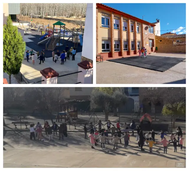 Los alumnos del CRA de Muniesa en los tres centros que engloba al colegio, Oliete, Alacón y Muniesa.
