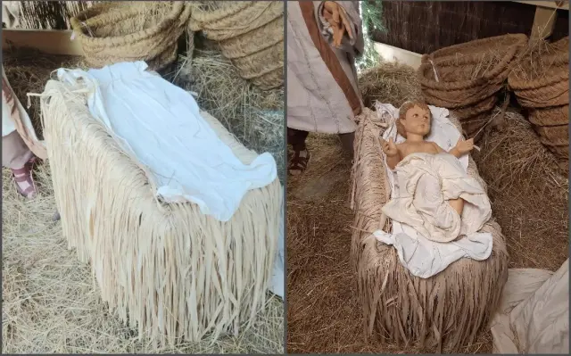 Imagen del Niño Jesús ya recuperado y devuelto al pesebre de la plaza de la Constitución de Barbastro.