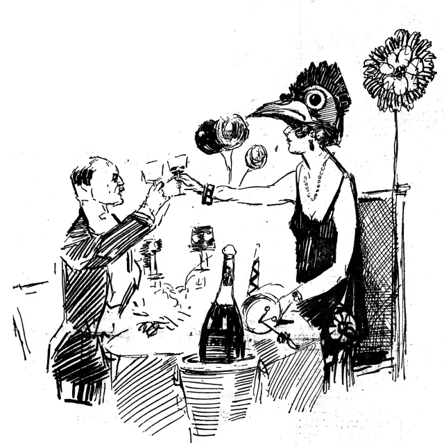 Ilustración de Ricardo Marín publicada en las páginas de HERALDO el 1 de enero de 1924 sobre una "suntuosa cena en el hotel Savoy" en Nochevieja.