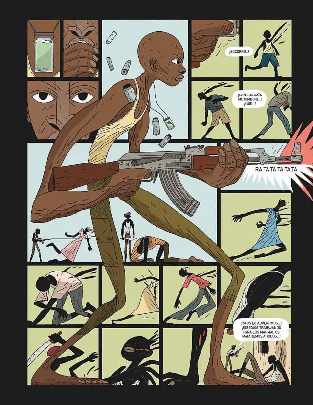 Esta página muestra perfectamente algunos de los valores visuales del cómic: el dibujo, el colorido, la expresividad, la puesta en página, la audaz composición. Nivek, el niño soldado, en acción.