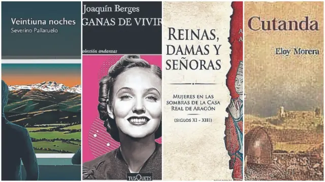 Portadas de las novelas de Severino Pallaruelo, Joaquín Berges, Anabel Lapeña y Ana Segura, y Eloy Morera.