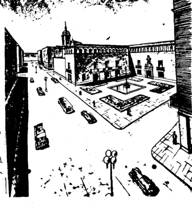 Plaza de Santa Cruz. El palacio de los Luna (sede del colegio de Arquitectos) aparece con las calles aún sin peatonalizar.