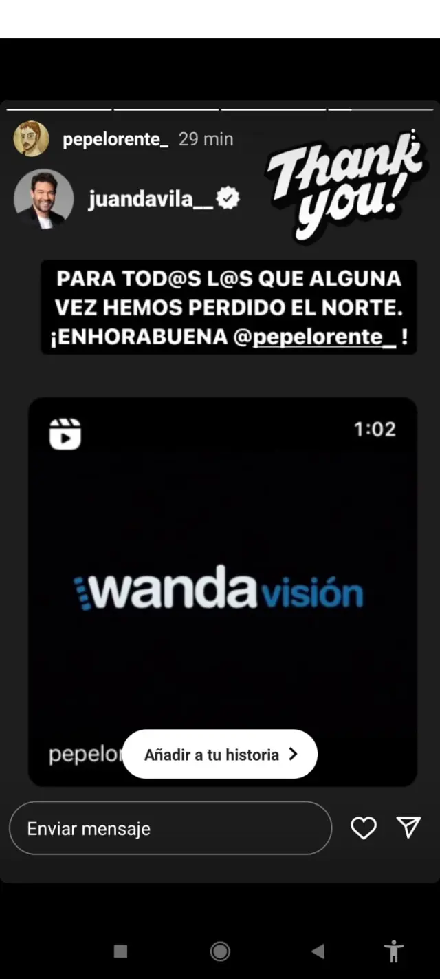 Captura de los 'stories' de Pepe Lorente en Instagram, donde se hace eco de la publicación de Juan Dávila.