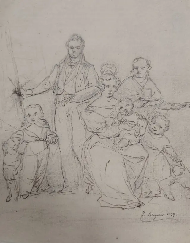 Un dibujo, con autorretrato incluido, de la familia de José Domínguez Bécquer.