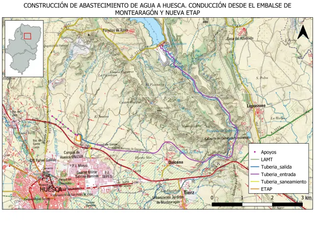 Plano de las diversas conducciones que tendrá el proyecto de traída de agua desde Montearagón a Huesca.
